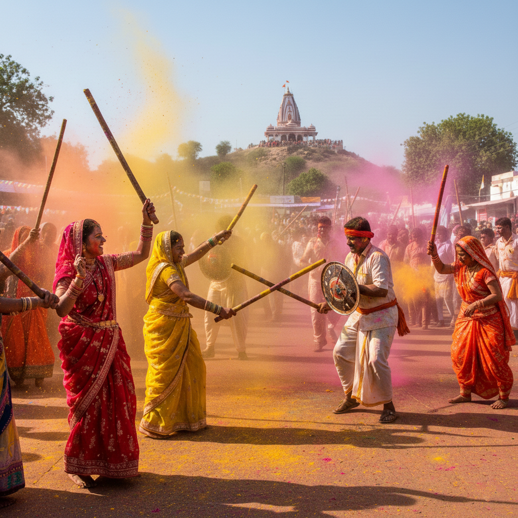 बरसाना की लठमार होली में पारंपरिक लहंगे पहनी महिलाएं पुरुषों पर प्रतीकात्मक रूप से लाठियां चलाते हुए, भक्ति और उल्लास से भरा दृश्य