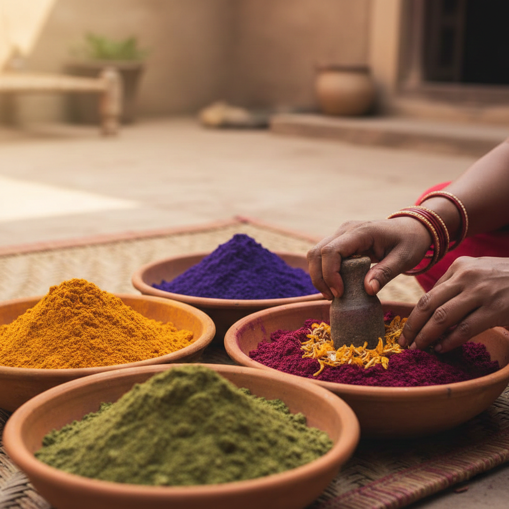 बरसाना में पारंपरिक तरीके से बनाए जा रहे हर्बल होली रंग, टेसू के फूल, हल्दी और चुकंदर से तैयार प्राकृतिक गुलाल